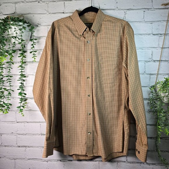 EDDIE BAUER RELAXED FIT WRINKLE RESISTANT LONG SLEEVE TAN PLAID SHIRT SIZE LARGE - Picture 1 of 8